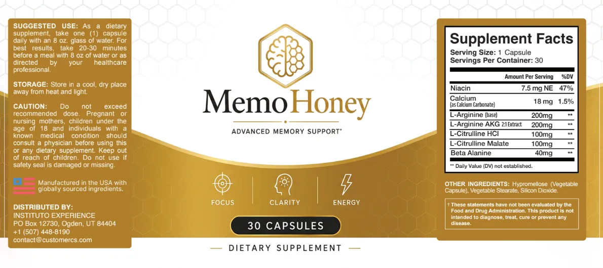MemoHoney supplement label and ingredients