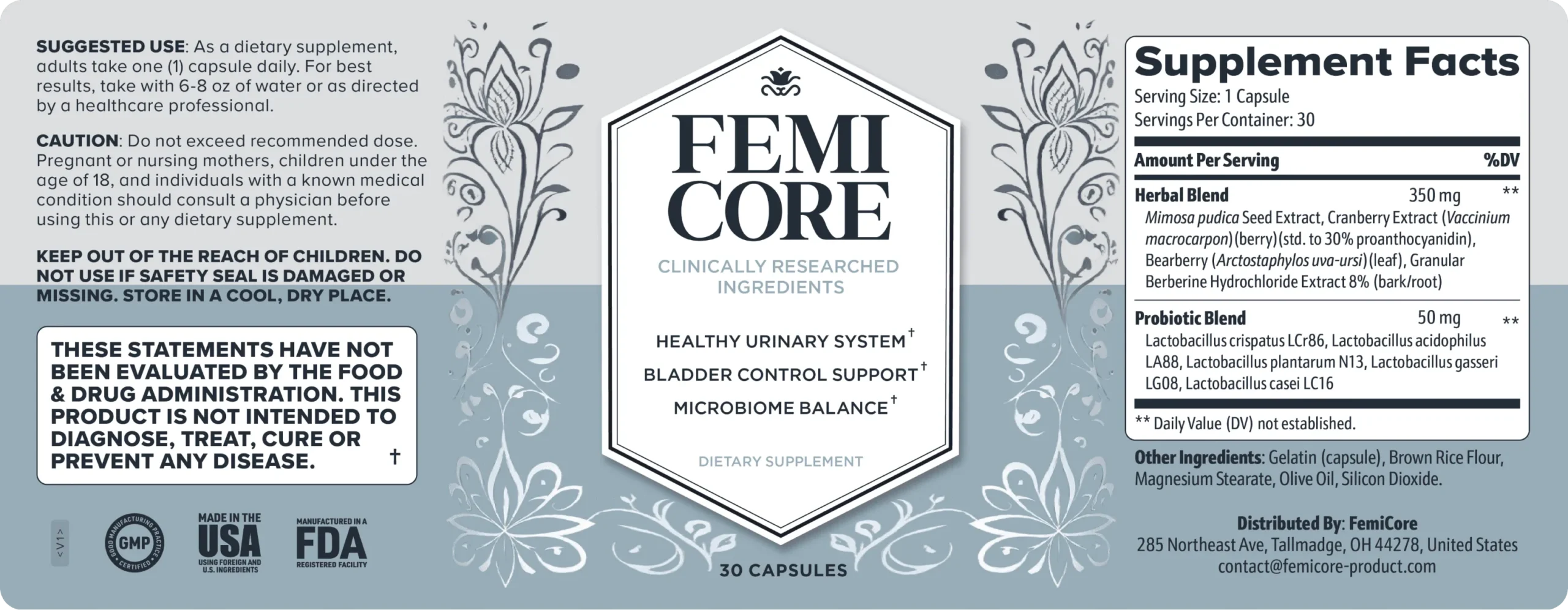 FemiCore supplement facts and ingredient label