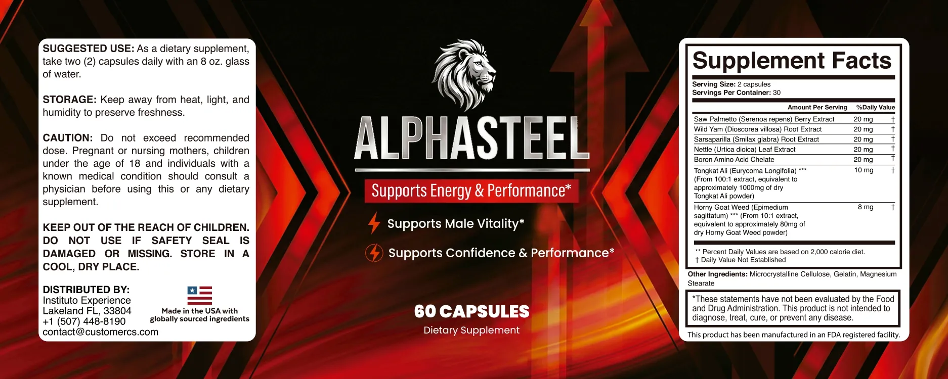 AlphaSteel product label and supplement facts